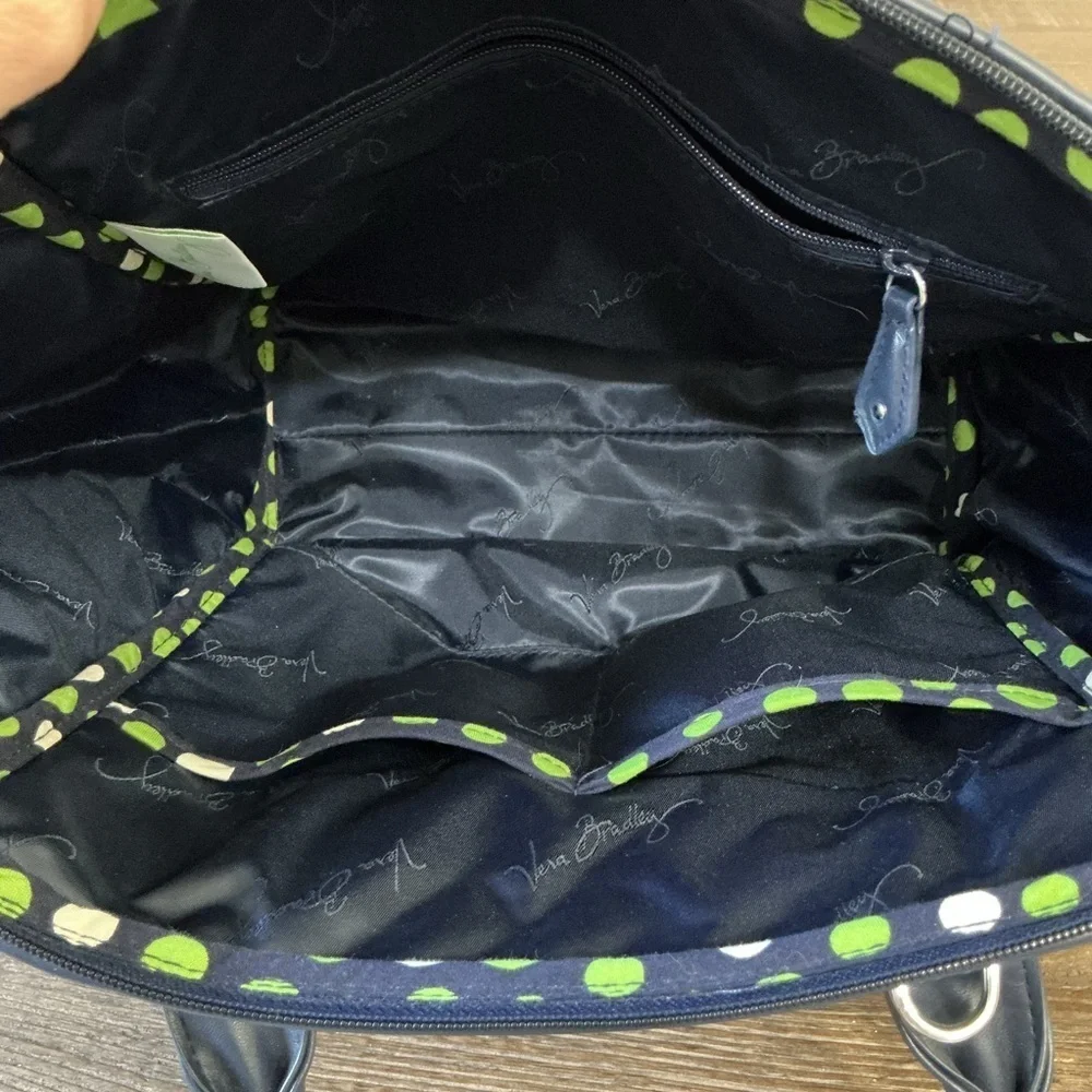 Vera Bradley Large Quilted Tote Bag Navy Green Dot Print
